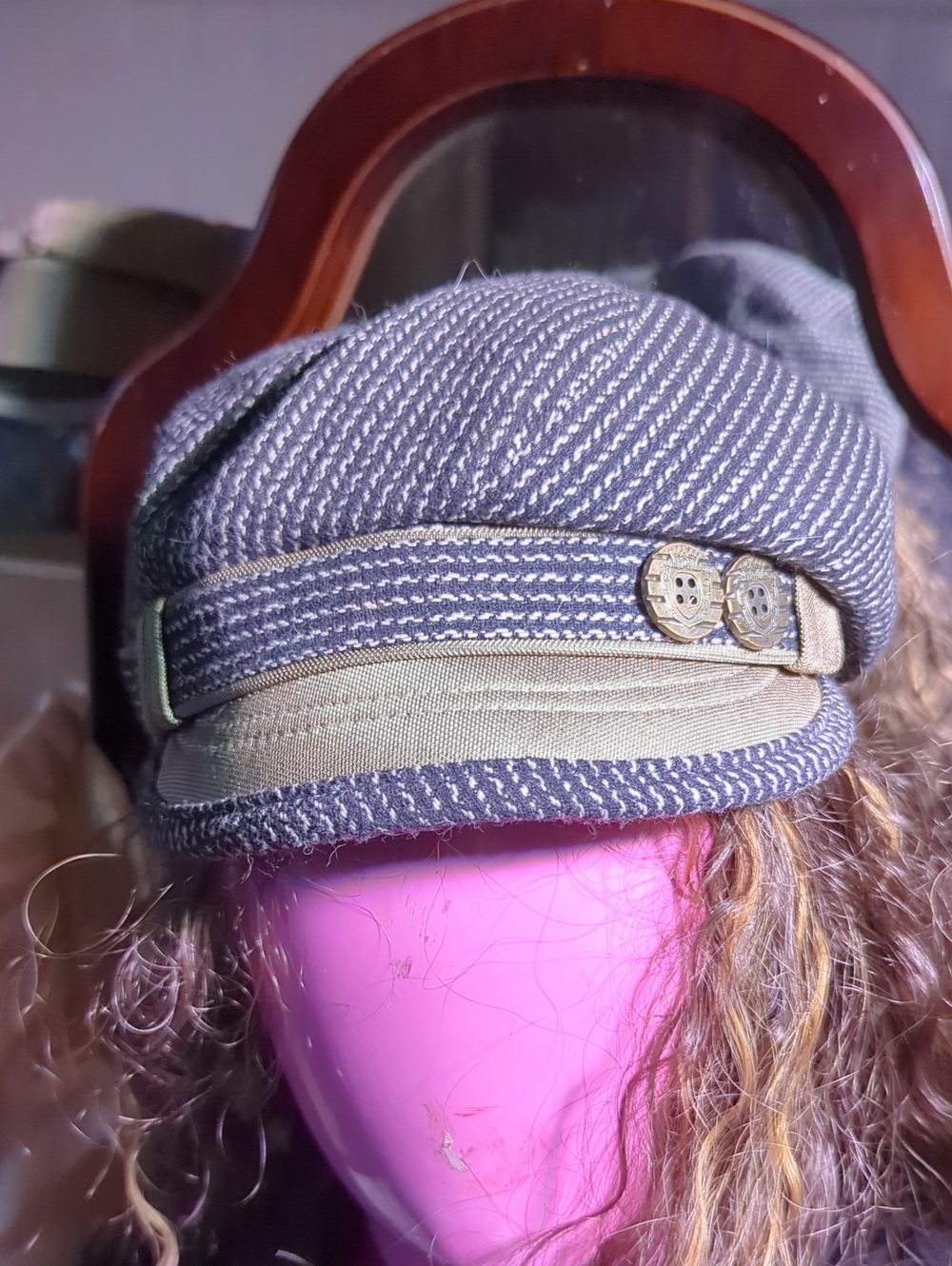Striped Navy Baker Boy Cap with Beige Band and Decorative Buttons